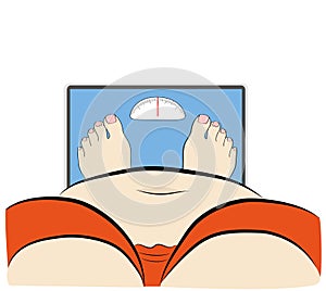 Fat woman standing on the scales. vector illustration.